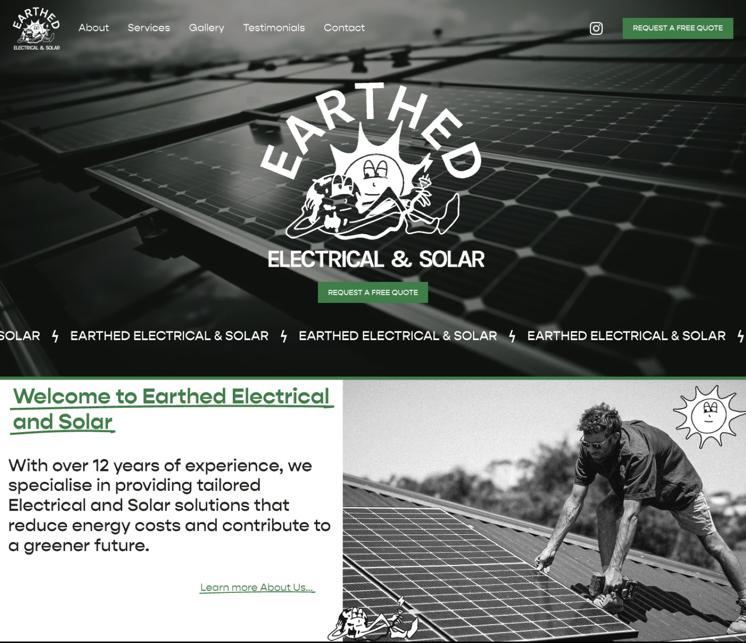 Earthed Electrical and Solar website with original solar photography and illustrated branding