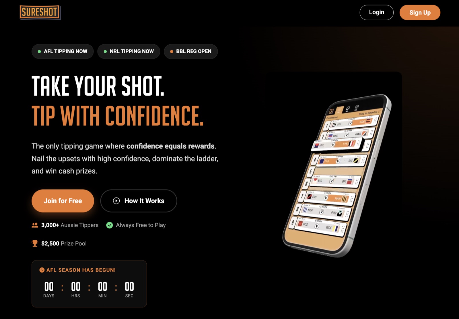 SureShot landing page showing confidence-based sports tipping and the mobile interface